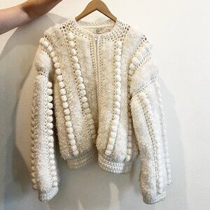 Vintage hand-knit white bomber pom pom cardigan M